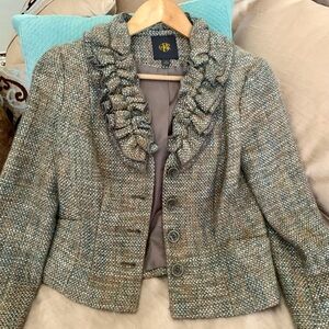 Limited Tweed Ruffle Wool Blazer Jacket with Ruffle Detail